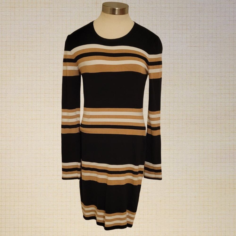 Striped Ribbed Knit Mini Dress Ronnie Kobo Long Sleeve Black Tan S/M